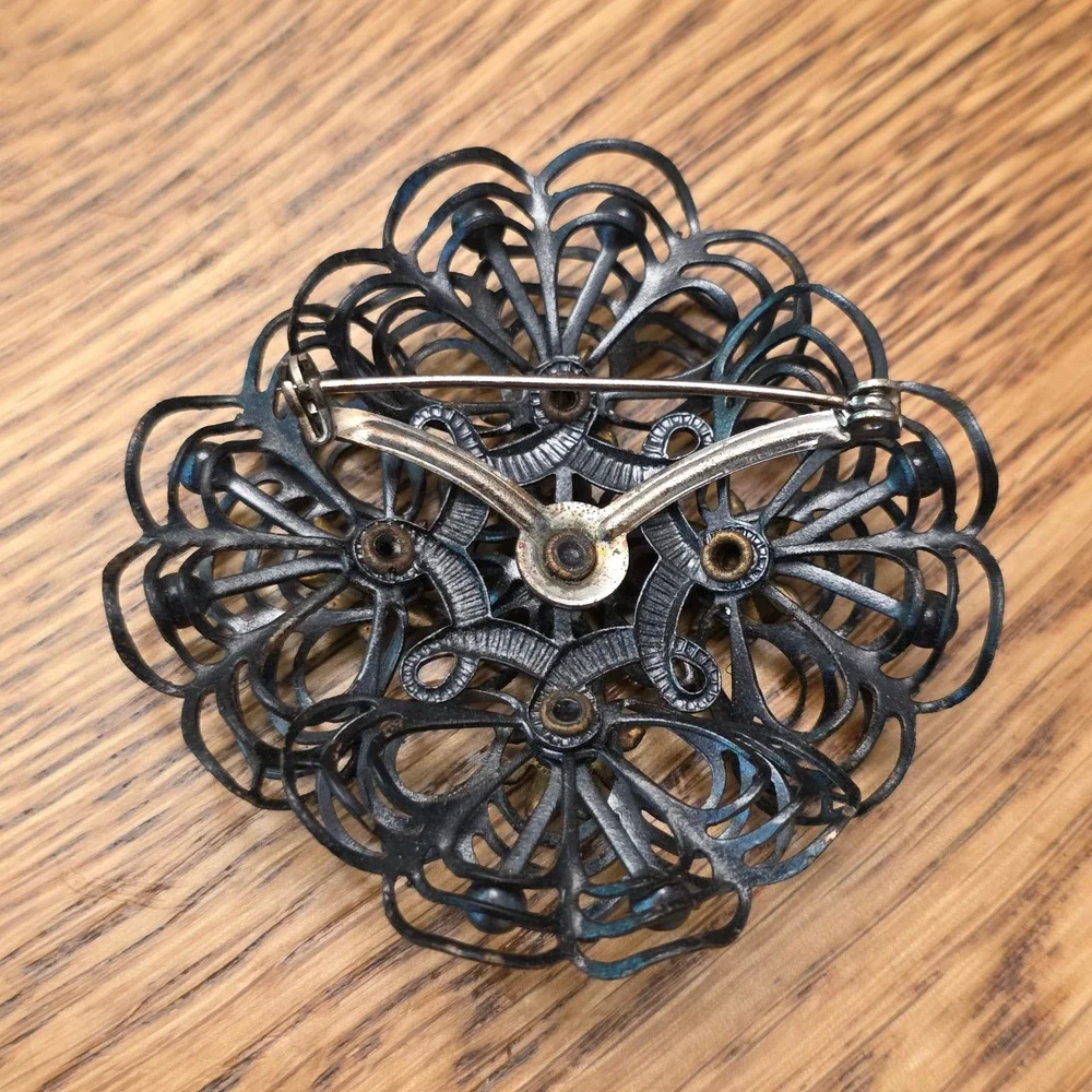 Vintage Style Black Filigree Brooch Aurora Borealis Rhinestone Floral Pin 2.25in